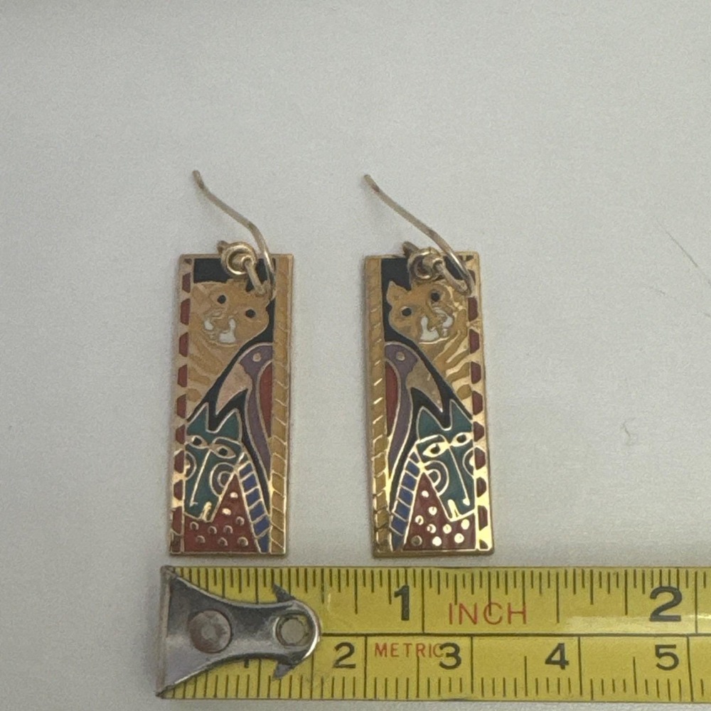 Laurel Burch 1980's"Jungle Friends"Gold Cat Bird Cloisonné Dangle Earrings Rare! - Picture 5 of 13